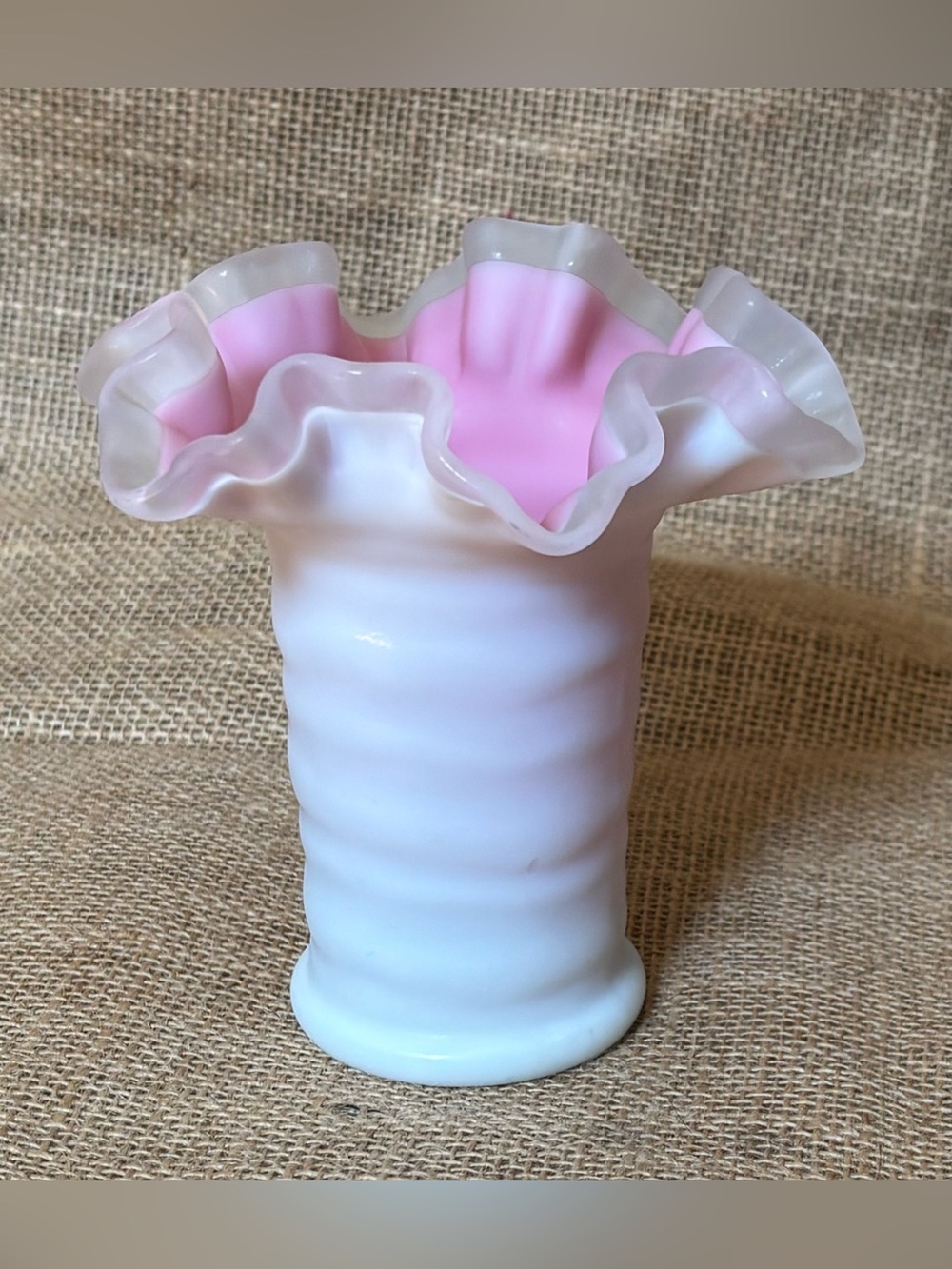 Vintage Fenton White & Pink Silver Crest Satin Glass Ribbed Ruffle Vase